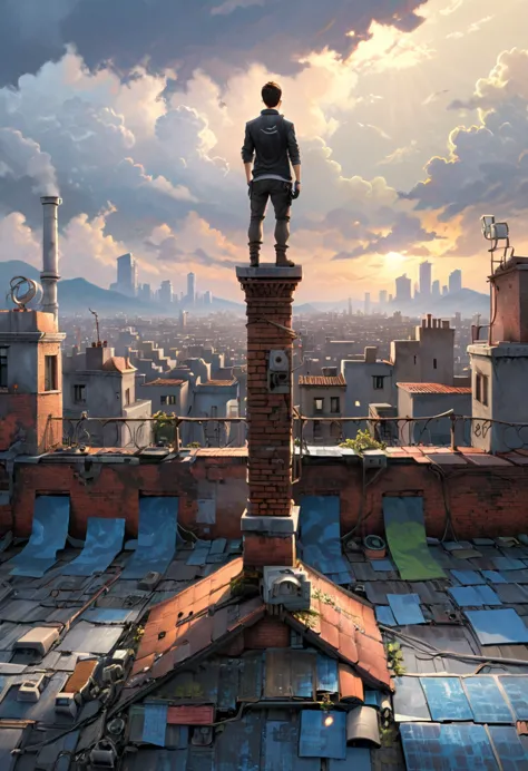 Person Standing on the Rooftop, (masterpiece, best quality, Professional, perfect composition, very aesthetic, absurdres, ultra-...