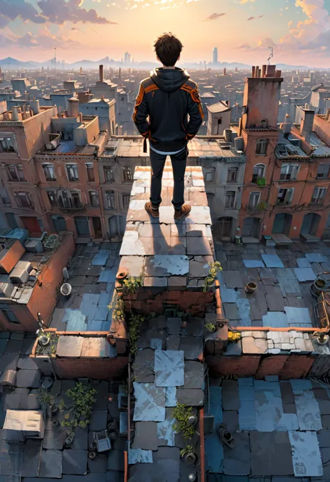 Person Standing on the Rooftop, (masterpiece, best quality, Professional, perfect composition, very aesthetic, absurdres, ultra-...