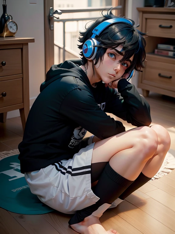 cartoon boy with blue eyes and headphones sitting on the floor, arte digital avanzado, on ojos brillantes, en una sudadera negra con capucha, lindo chico emo,  [ arte digital ]!!, Cel sombreado!!!, 1024px, con enormes ojos luminosos y tristes, anime chibi, con una sudadera con capucha negra