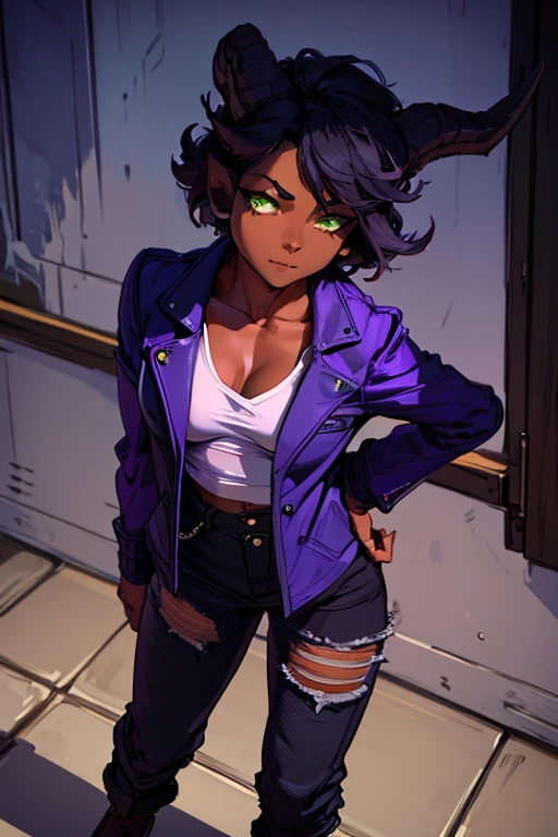 (Masterpiece) (High Detail) (High Res) (Black Skin) Looking from above A young beautiful humanoid FutEred, dark skin, soft detailed face, detailed green eyes, short scruffy black hair, goat ears, short dark goat horns, looking smug, toned body, small to average breasts, dressed like a punk wearing a purple jacket, black jean pants