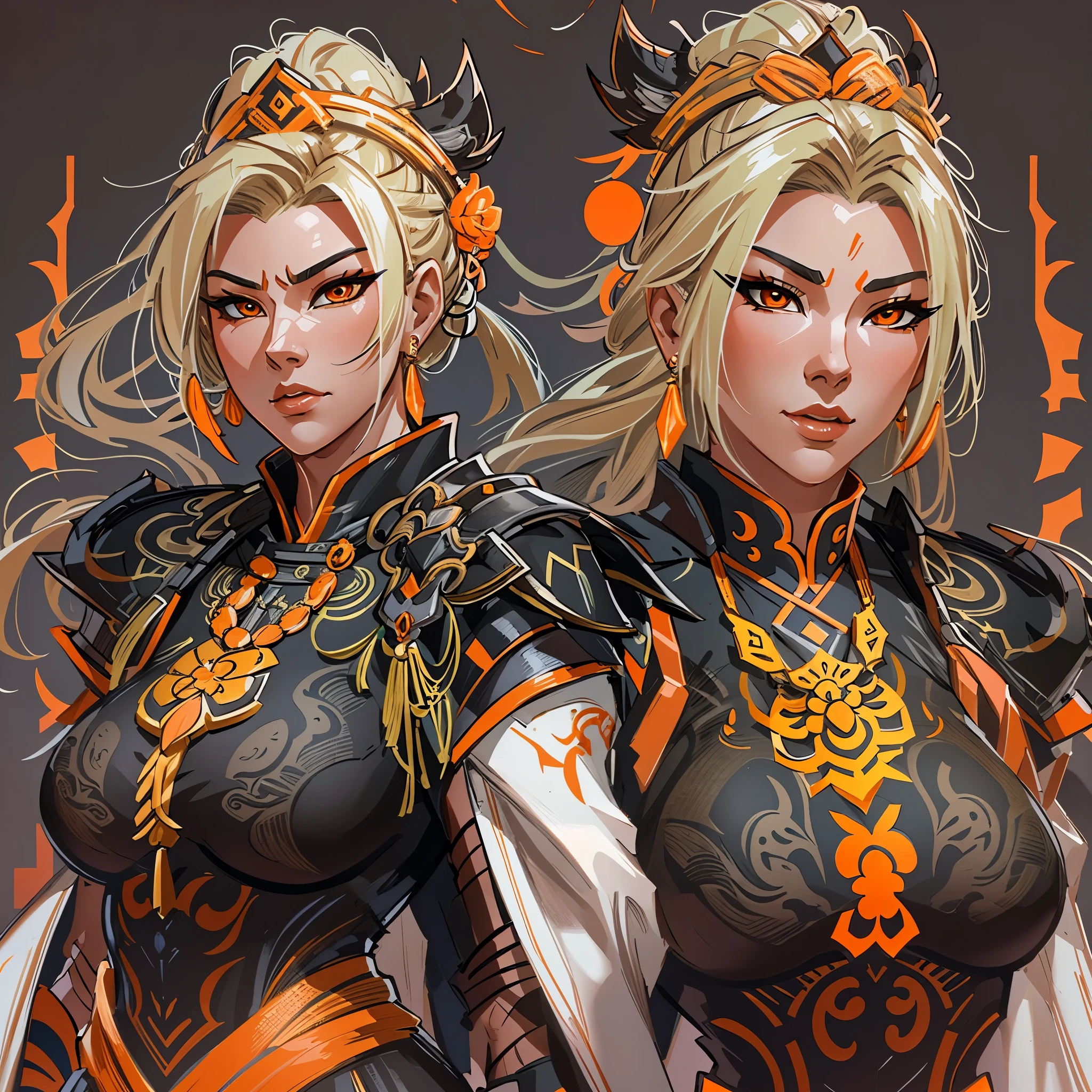 a close up of a strong amazon woman in her 30's, with orange eyes and blonde hair, wearing a black and orange ball gown dress, a heroine with orange eyes, martial artist holding polearm, standing in a chinese temple, new costume concept design, in the style of blade and soul, full body character concept, detailed character design, inspired by Yang Jin, inspired by Li Mei-Shu, chinese costume, inspired by Lan Ying, inspired by Sim Sa-Jeong, inspired by Li Tang, lunar themed attire, costume with orange accents, inspired by Ju Lian, colored concept art, highly detailed character design, highly detailed face, inspired by Ai Xuan, very highly detailed face, unreal engine render, final fantasy 14 style, inspired by Leng Mei