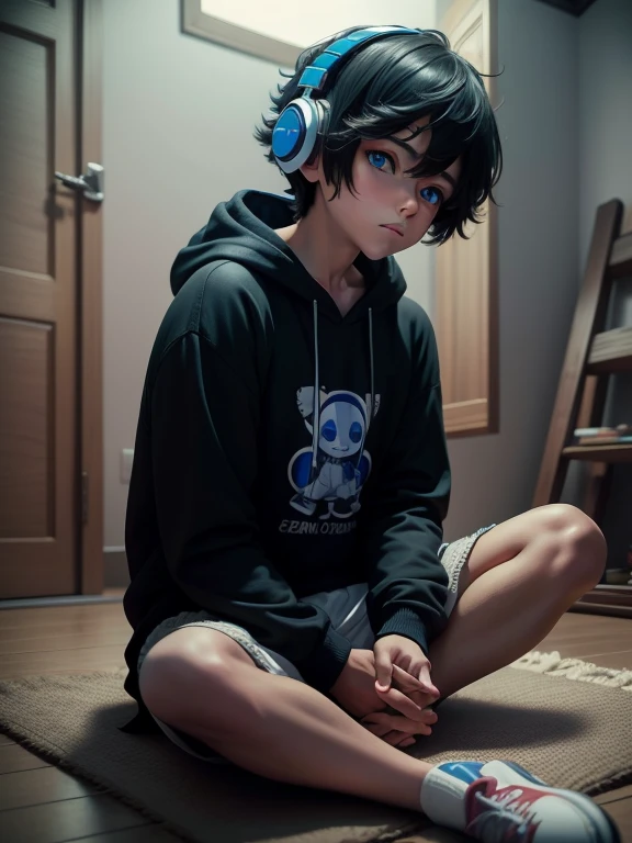 cartoon boy with blue eyes and headphones sitting on the floor, arte digital avanzado, on ojos brillantes, en una sudadera negra con capucha, lindo chico emo,  [ arte digital ]!!, Cel sombreado!!!, 1024px, con enormes ojos luminosos y tristes, anime chibi, con una sudadera con capucha negra