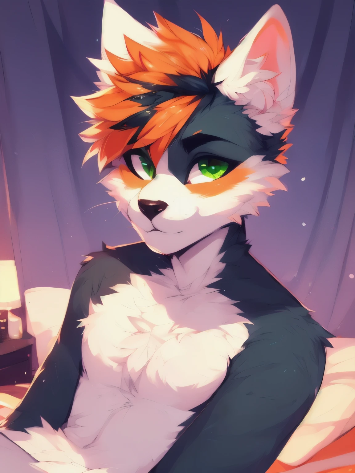 ((by zackary, by fumiko)), bedroom background, solo, anthro, male cat, blue fur body, ((white ears)), ((orange short hair with fauxhawk)), green eyes, white neck, white chest, white arms, semi naked,