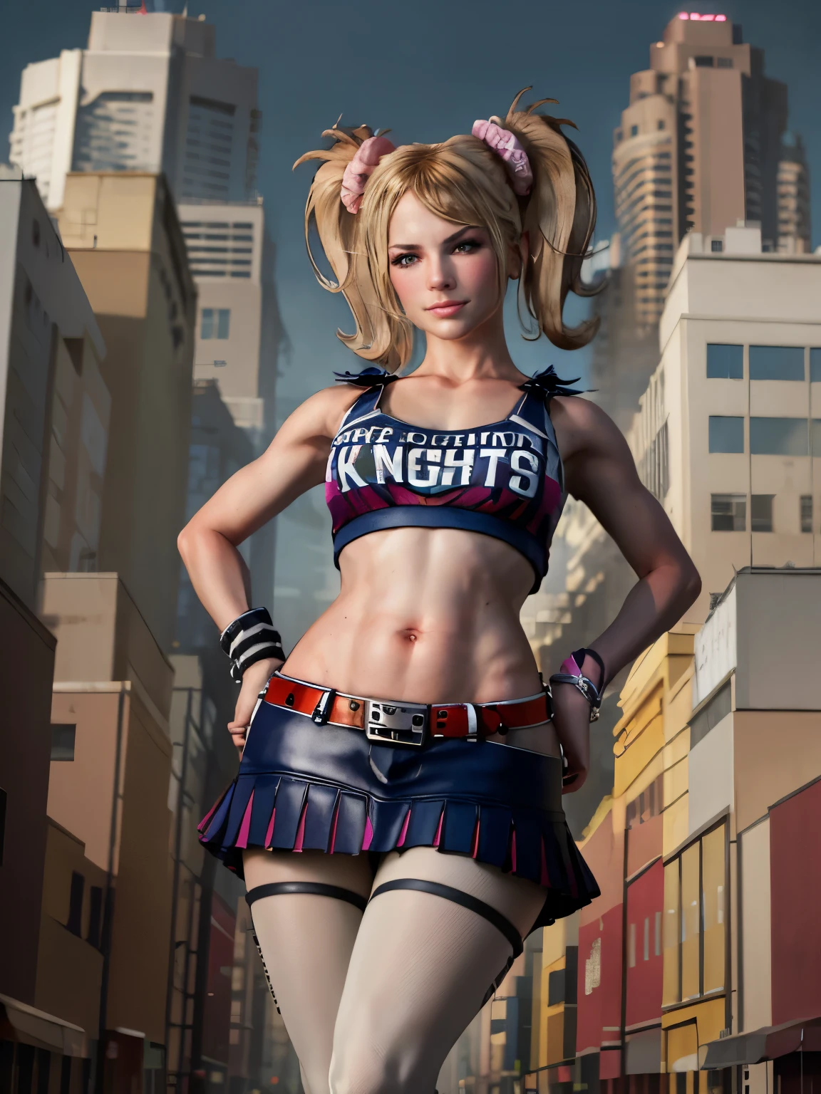 (masterpiece, best quality: 1.2), cowboy photo, giantess, solo, 1girl, juliet starling, smug, smirk, arms crossed, twintails, cheerleader, crop top , writing on clothes, skirt, pantyhose, belt, bracelet, belly, standing on your back