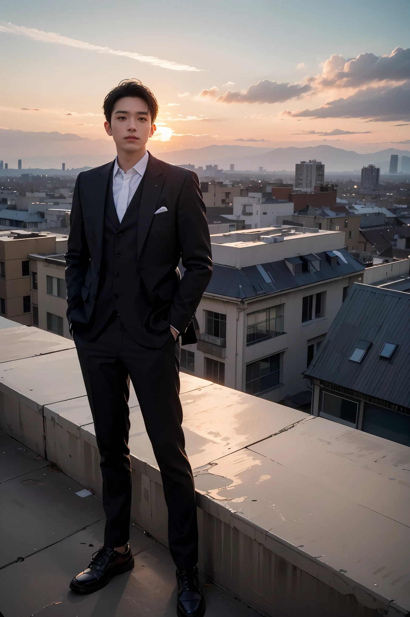 (Best Quality, 4K, 8K, High Resolution, Masterpiece: 1.2), Ultra Detail, (Realistic: 1.37), Man Standing on Rooftop, Sunset View, Cityscape Background, Breeze, Peaceful Atmosphere,