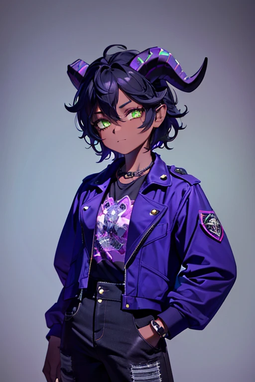 (Masterpiece) (High Detail) (High Res) (Black Skin) Looking from above A young beautiful humanoid FutEred, dark skin, soft detailed face, detailed green eyes, short scruffy black hair, goat ears, short symmetrical dark goat horns, looking smug at the camera, toned body, small to average breasts, dressed like a punk wearing a purple jacket, black jean pants