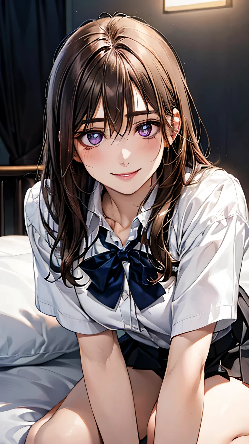 (((brown hair))),(((lie down in bed))),(((skirt lift))),(masterpiece:1.2, top-quality), (realistic, photorealistic:1.4), beautiful illustration, (natural side lighting, movie lighting), 
looking at viewer, 1 girl, japanese, high school girl, perfect face, cute and symmetrical face, shiny skin, 
(long hair:1.5, straight hair:1.4, grey hair), hair between eyes, purple eyes, glowing eyes, big eyes, long eye lasher, (medium breasts), slender, 
beautiful hair, beautiful face, beautiful detailed eyes, beautiful clavicle, beautiful body, beautiful chest, beautiful thigh, beautiful legs, beautiful fingers, 
((JP , white collared shirts, navy pleated mini skirt)), 
(beautiful scenery), evening, (Bedroom),, standing, (lovely smile, upper eyes), 
