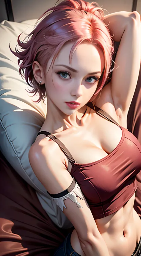 sfw, ((lying on bed top view)),  Sakura Haruno, Seductive, ((forehead to show)), Attractive, Sexy eyes, Red coat, Pink hair, Del...