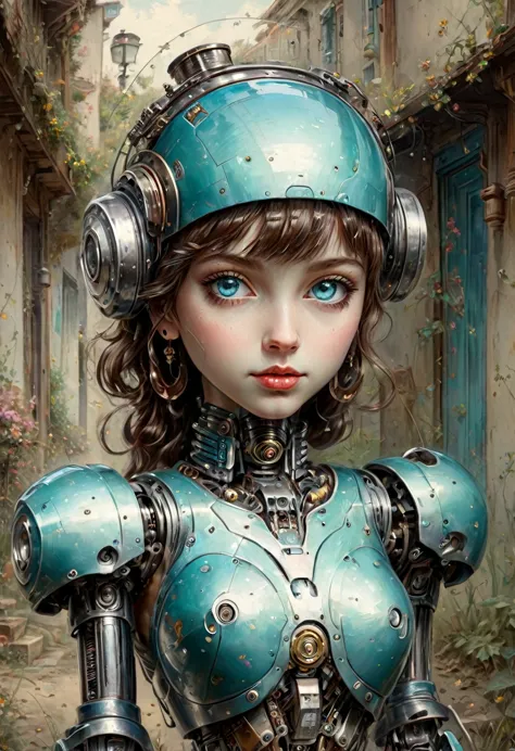 Full length view. ((Little funny ROBOT robot)), porcelain face and head, big turquoise eyes, perfect eyes, top quality style. Be...