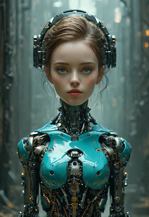 Full length view. ((Little funny ROBOT robot)), porcelain face and head, big turquoise eyes, perfect eyes, top quality style. Be...