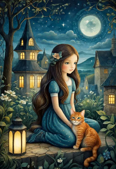whimsical nightscape of a pretty girl with long hair sitting next to a large cat. Inspiration from amanda clark, mandy disher, n...