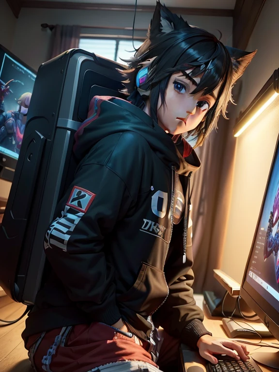 hay un streamer jugando con una computadora gamer y unos auriculares, Obra de arte estilo anime 2D, chico con sudadera, Estilo cyberpunk, digital anime illustration, The boy is in front of the camera. con esta cara, Dynamic, 8k, High Definition, ultra, Cara real