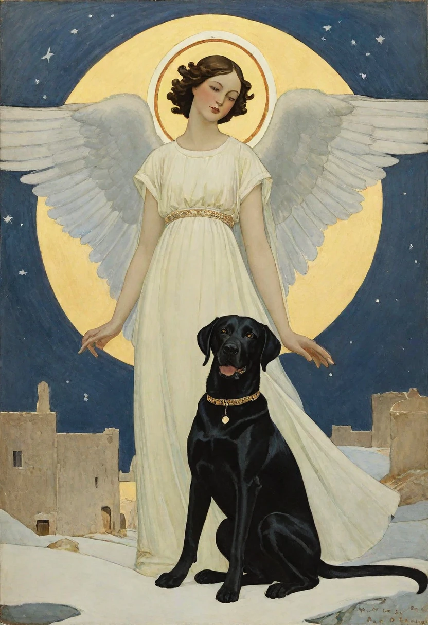 Painting by Alexandre Benois depicting an angel,
4:5, Alexandre Benois, Angel, modern, Labrador retriever, painting, t 6.--ar 9:16 --stylize 750
