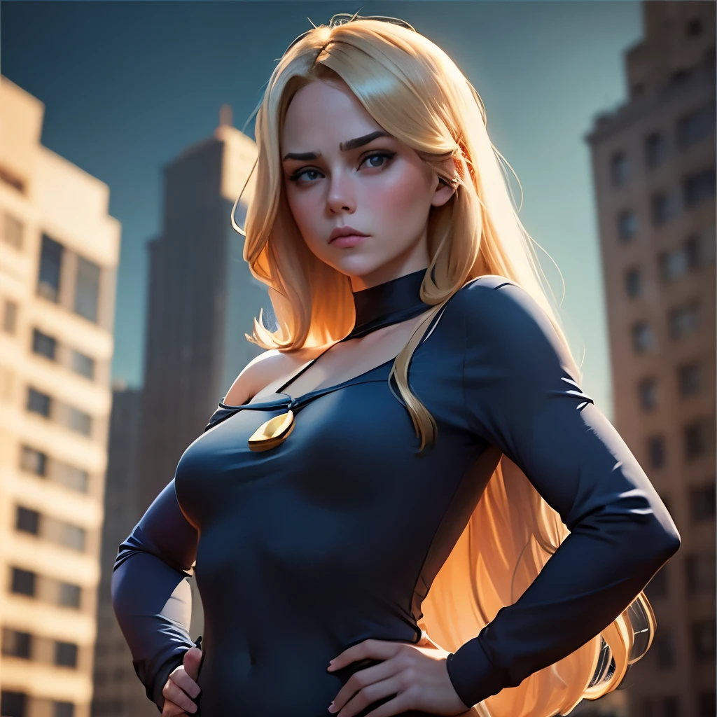 dramatic comic-book style,  realistic. a  blonde woman, blue eyes, chubby cheeks, full face. medium length straight hair over one shoulder. she wears a dark blue shirt with gold trim, wine colored bell bottoms. she stands straight backed, hands on hips. a stern expression on her face. city background. emphasize her hair swept over one shoulder, leaving the other shoulder bare. emphasize that she is an adult, (((small breasts )))