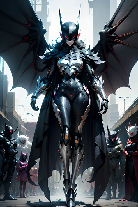 homem-fera、mulher morcego、Phantom Villain、Cyber mutantulher adulta esbelta、Platinum metal body、、abra grandes asas、Senhora alta、