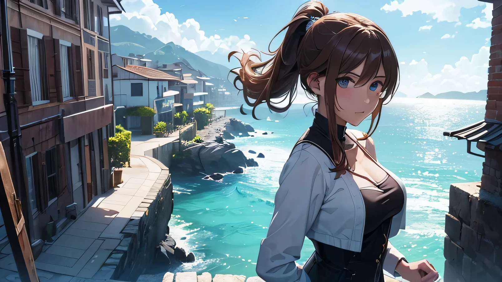 (8k, RAW foto, mejor calidad, (Obra maestra, super high quality, super detailed), anime style paisaje, chica joven, Absoluto, velas escarlatas, girl looking at the sea from the coast, camera looking at the sea, detalles intrincados, sailing ship with velas escarlatas, Una escena de una novela de Alexander Greene. "velas escarlatas" imagen de medio cuerpo, A beautiful women posing for a photograph in an alley, brown ponytail, golpes, risa feliz, blue eyes, Cuerpo magro musculoso, perfect anatomy, Looking to the camera, Time of the day, cielo azul, estilo animado, al aire libre, tendencia en artstation, Oh!, sakimichan muy sensual, con ropa original cuerpo entero, muy realista, extremadamente realista, extremadamente sexy, 8k, 8k extremadamente detallado), (un extremadamente delicado y hermoso), (obra maestra), (mejor calidad: 1.0), (ultra high resolution:1.0)