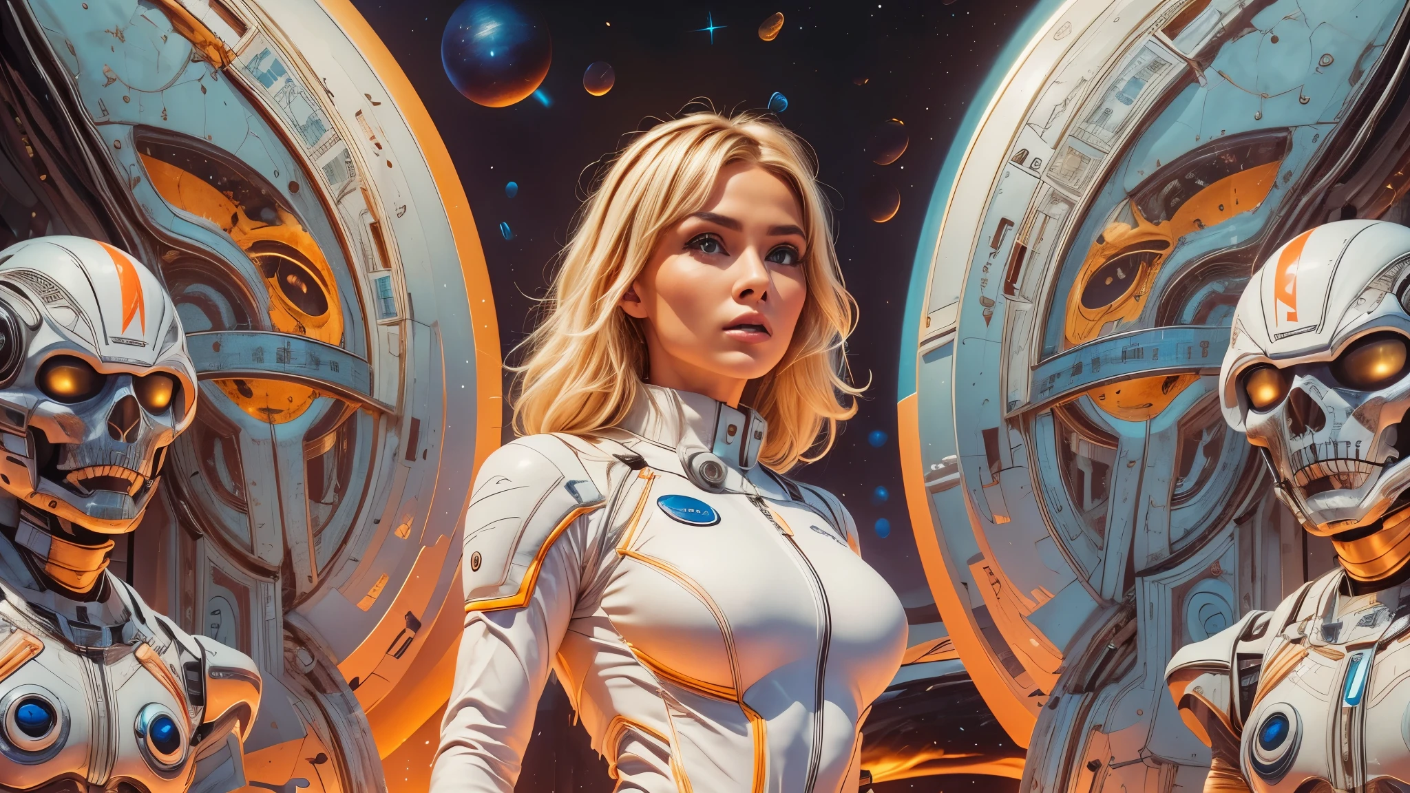 arafed image of a white woman in a futuristic suit with a spaceship in the background, movie art, in front of an orange background, inspired by Robert McGinnis, female protagonist, megastructure in the background, portrait of an ai astronaut, astronauts, an astronaut, portrait of a astronaut skeletor, perfect android girl, detailed eyes, perfectly detailed teeth, frank franzzeta and sakimichan  