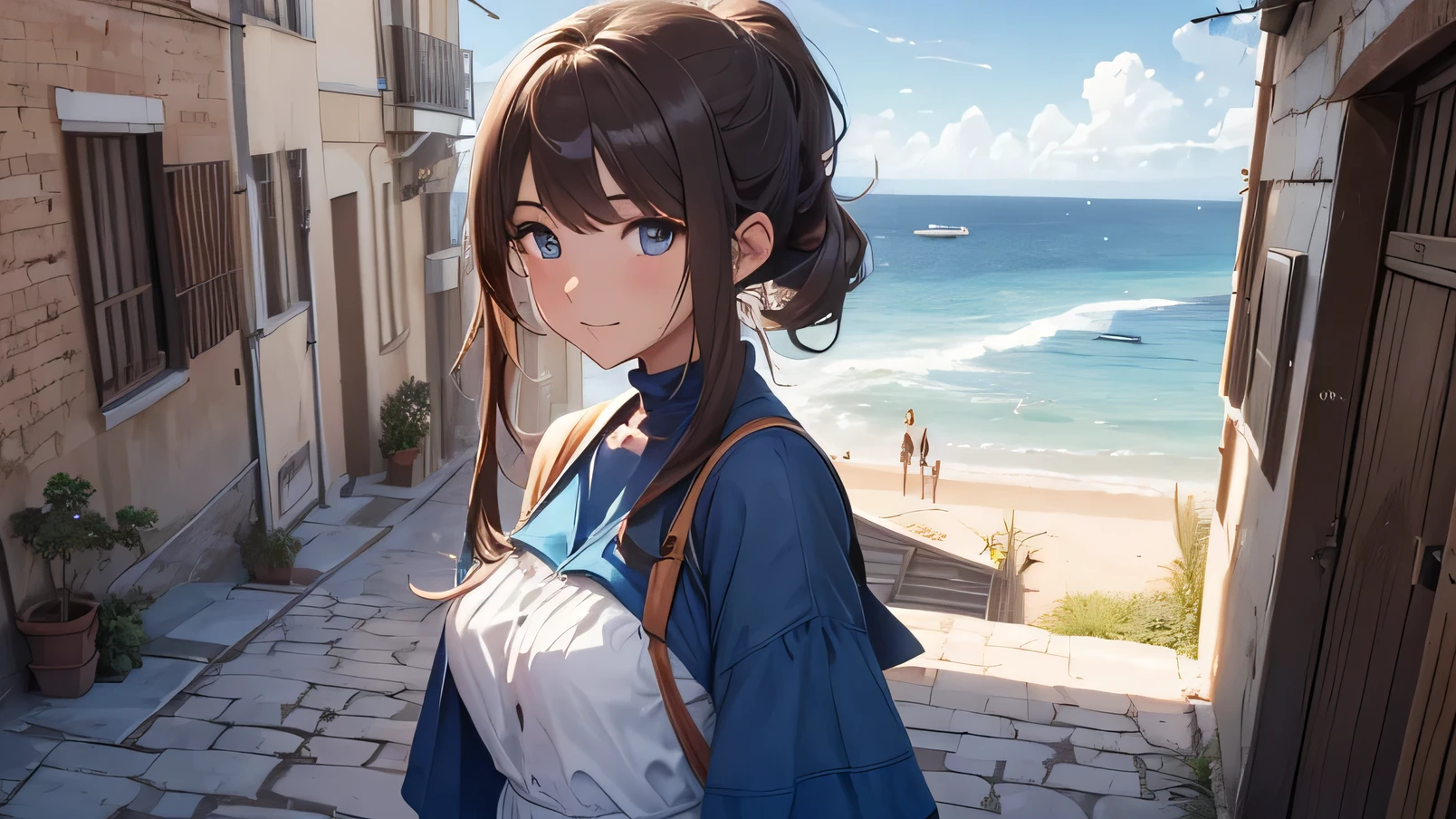 (8k, RAW photo, Best Quality, (masterpiece, super high quality, Super detailed), anime style landscape, young girl, Absolute, scarlet sails, girl looking at the sea from the coast, camera looking at the sea, intricate details, sailing ship with scarlet sails, A scene from a novel by Alexander Greene. "scarlet sails" half body image, A beautiful women posing for a photograph in an alley, brown ponytail, hits, happy laugh, blue eyes, muscular lean body, Perfect anatomy, Looking to the camera, Time of the day, blue sky, animated style, outdoor, trend in artstation, Oh!, very sensual sakimichan, with original clothing full body, very realistic, extremely realistic, extremely sexy, 8k, Extremely detailed 8k), (an extremely delicate and beautiful), (masterpiece), (Best Quality: 1.0), (ultra high resolution:1.0)