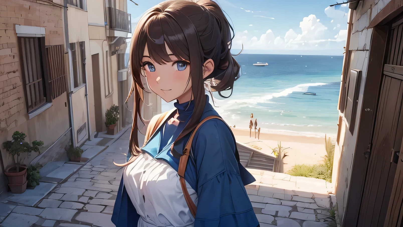 (8k, Photo brute, meilleure qualité, (chef-d&#39;œuvre, super haute qualité, Super détaillé), paysage de style anime, jeune fille, Absolu, voiles écarlates, fille regardant la mer depuis la côte, caméra regardant la mer, détails complexes, sailing ship with voiles écarlates, Une scène d&#39;un roman d&#39;Alexander Greene. "voiles écarlates" image de la moitié du corps, Une belle femme posant pour une photo dans une ruelle, queue de cheval marron, les coups, rire joyeux, Yeux bleus, corps maigre et musclé, anatomie parfaite, En regardant la caméra, Moment de la journée, ciel bleu, style animé, à l&#39;air libre, tendance dans ArtStation, Oh!, sakimichan très sensuel, avec vêtements originaux corps entier, très réaliste, extrêmement réaliste, extrêmement sexy, 8k, 8K extrêmement détaillé), (un extrêmement délicat et beau), (chef-d&#39;œuvre), (meilleure qualité: 1.0), (Ultra haute résolution:1.0)