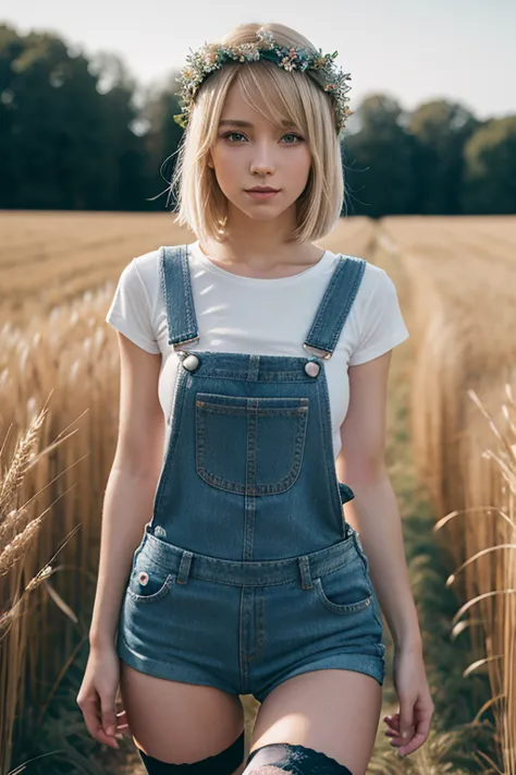 playful girl, blonde hair, long bob ,(in denim overalls ) a wreath on his head walks through a wheat field  , ((stockings)), bea...