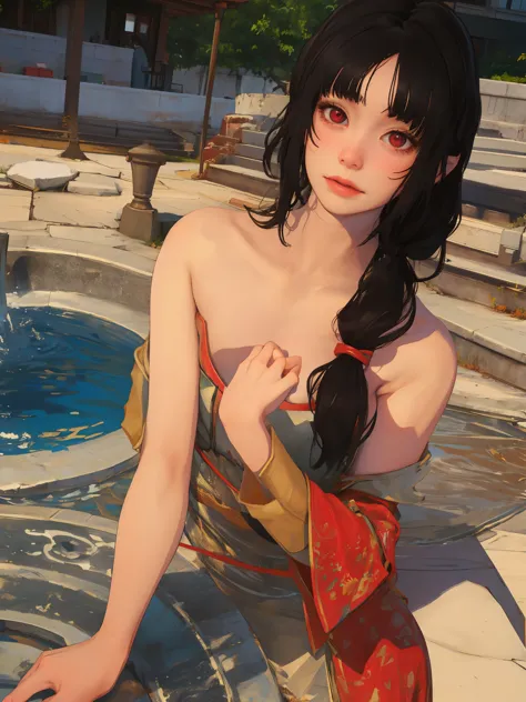 masterpiece, highly detailed, best quality, 1girl, solo, Luna, black hair, loose low tied hair, red eyes, distracted 