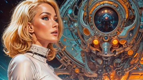 arafed image of a white woman in a futuristic suit with a spaceship in the background, movie art, in front of an orange backgrou...