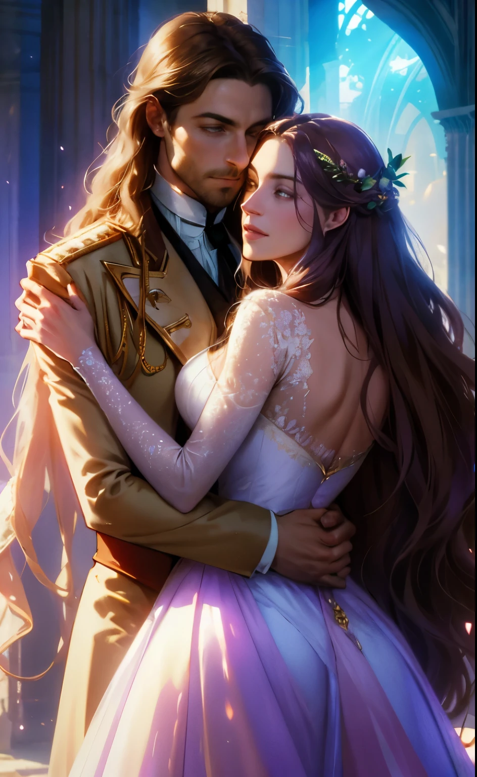 fantasy, a lot of roses, a man and a woman hugging each other, a man, long hair, in a royal uniform of the 19th century, a girl, long light brown wavy hair, lilac eyes, in a white light ball gown, against the background of the ruins of a castle made of light stone, a lot of greenery, hd