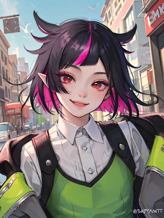 best quality,1boy,lilia vanrouge twisted wonderland,black hair, streaked pink hair,multicolored hair,dark red eyes,pointy ears, smiling,cute, spring street clothes,starrystarscloudcolorful, city, spring, spring wear