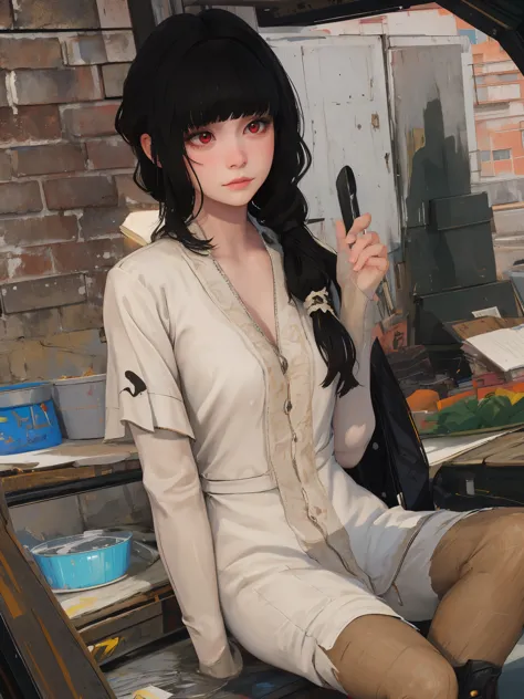 masterpiece, highly detailed, best quality, 1girl, solo, Luna, black hair, loose low tied hair, red eyes, distracted 
