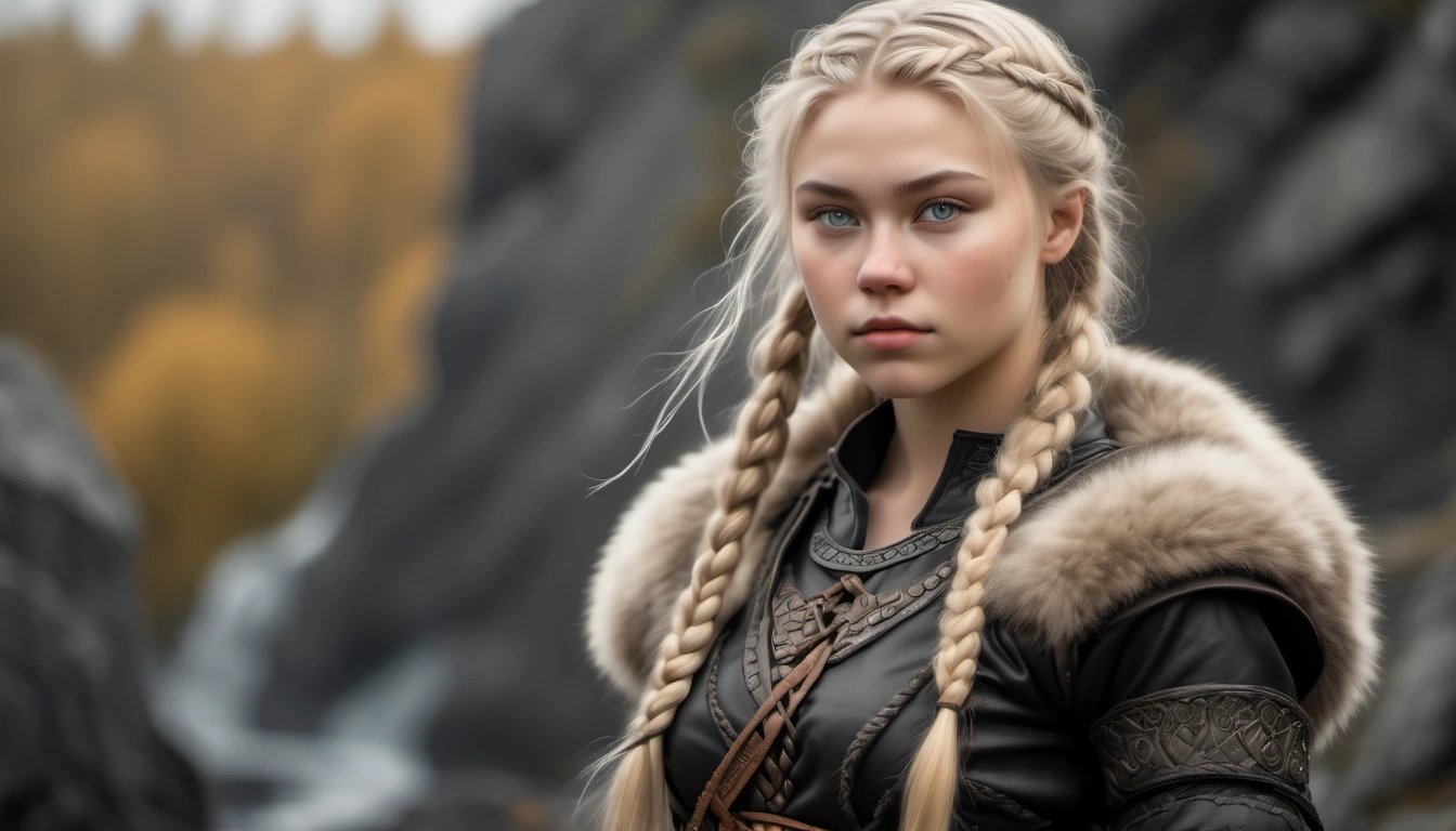 (Realisttic:1.2),full body photo, 20 years old, sweet female nordic warrior, braided blonde hair, full body, soft natural light, black viking clothes, cute and sexy, pleasure, detailed pale face and grey eyes, great quality, Masterpiece, detailed northern background, 16k quality, RAW photo