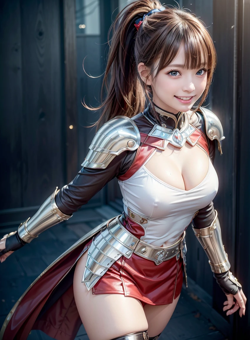 (highest quality:1.3), High resolution, Very detailed, Very detailedな CG Unity 8k 壁紙, Realistic, photo-Realistic, RAW Photos, Beautiful and dense face, White skin, Realistic glistening skin, High-quality fabric, Detailed hair texture, Perfect body, Beautiful Features, Accurate, Anatomically correct, Very detailedな顔と肌の質感、One Girl, cute, ((brown hair、ponytail, deep blue eyes: 1. 2)), Shiny Hair, Thick bangs, ((A smile showing white teeth: 1. 2)), (Red and black armor、Pencil Skirt:1、3), 