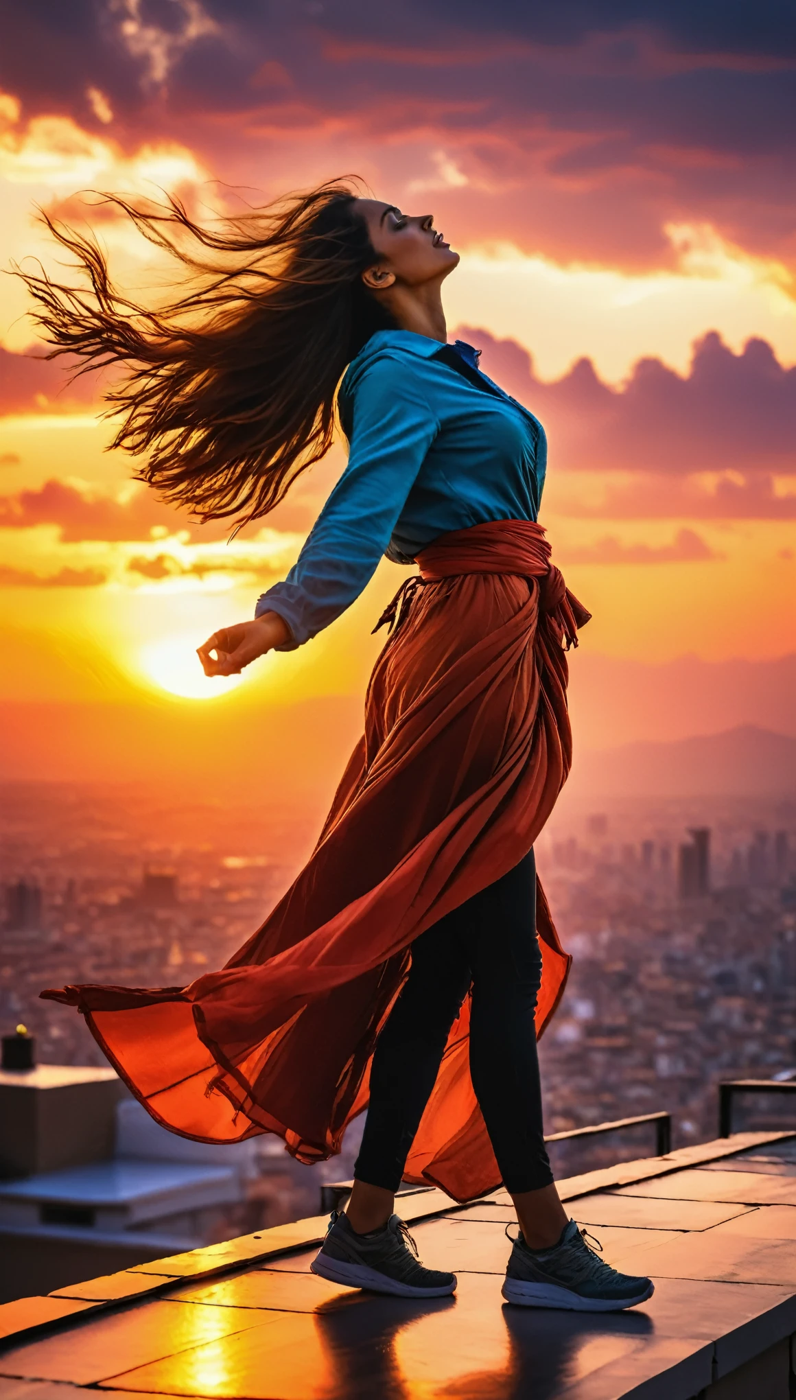 arafed woman on the rooftop, on the top of the world, stands on the edge with arms spread out to the side, gusting wind blows away hair and clothing (best quality,4k,8k,highres,masterpiece:1.2), ultra-detailed, HDR lighting, realistic, portraits, vibrant colors, vibrant sunset, strong silhouette, mesmerizing view, windy atmosphere