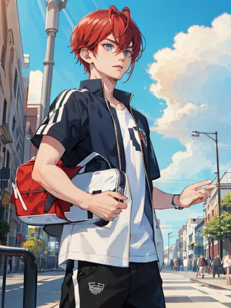 1boy,red hair,blue eyes,white shirt,short sleeve, street jacket, wonderland theme, male focus,looking at view city, blue skies,c...