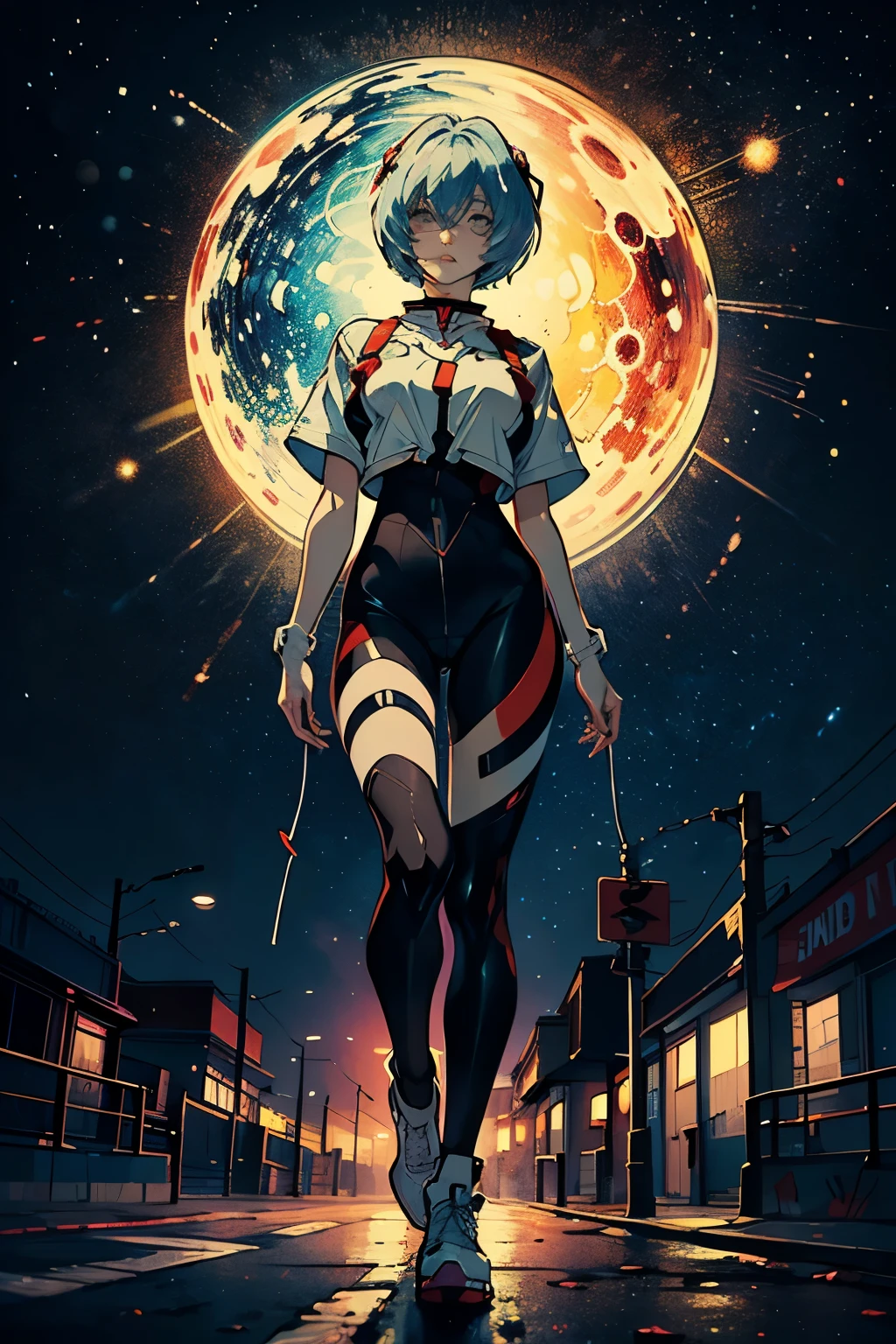 The iconic rei ayanami (evangelion) in the style of Leonardo da Vinci. High-quality and detailed graffiti-style rendition of Vincent van Gogh's masterpiece "The Starry Night." The artwork combines the expressive and vibrant brushstrokes of van Gogh's original with the urban energy and edginess of graffiti art. The composition captures the swirling night sky and the iconic cypress tree, reimagined with bold spray paint elements and intricate graffiti-inspired details. The colors pop with intensity, creating a visually captivating piece that pays homage to van Gogh's artistic vision while infusing it with a contemporary street art aesthetic. It is a unique fusion of classical art and urban expression, showcasing the timeless beauty of "The Starry Night" in a fresh and dynamic way.