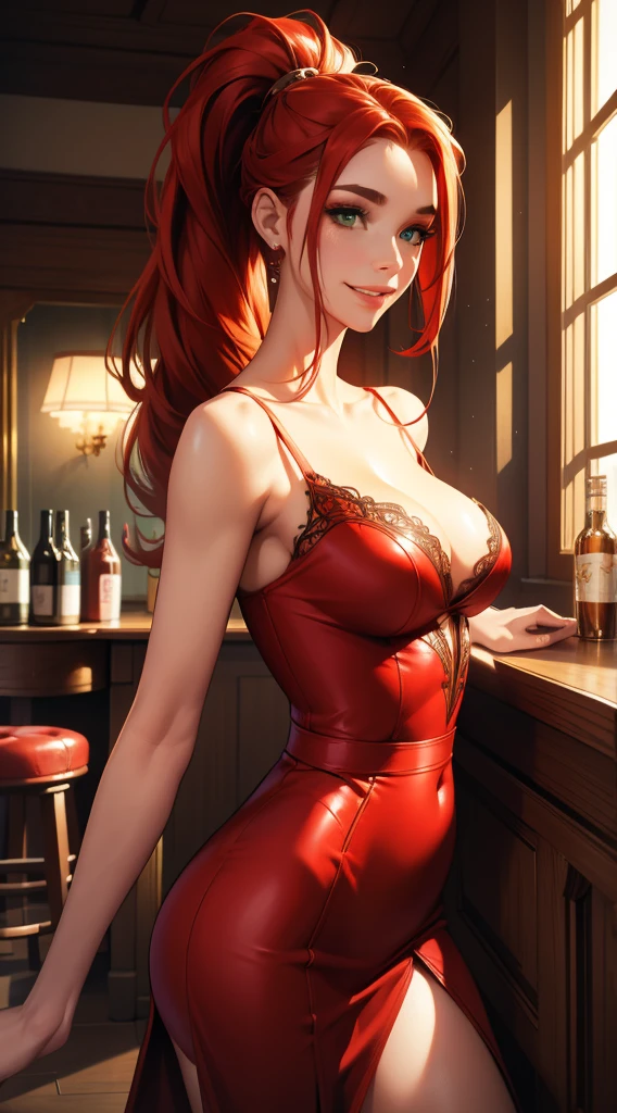 best quality, expressive eyes, perfect face,  a young model in a pub. She is wearing a revealing red dress with lace fabric. average height, long red hair, white and delicate skin, green eyes with brown spots, oval face, unforgettable smile, sweet and bright smile, raised corners of the mouth. perfection, cinematic, intricate, insanely detailed, niji style, vray tracing, global lighting, HDR, 32k, ponytail, elegant makeup, 