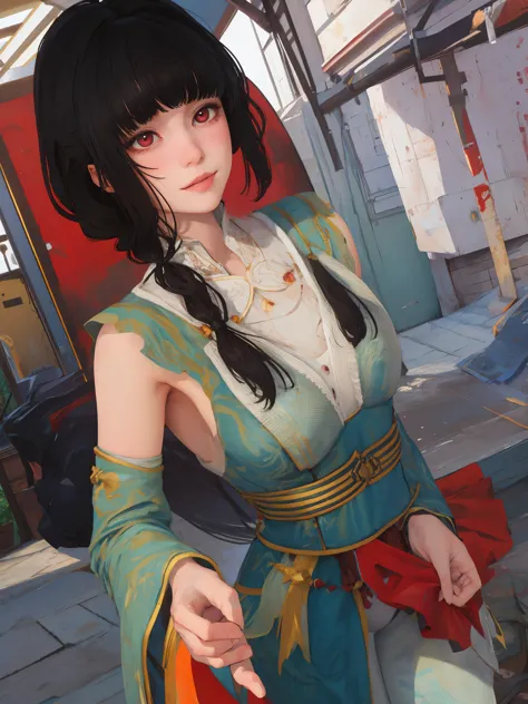 masterpiece, highly detailed, best quality, 1girl, solo, luna, black hair, loose low tied hair, red eyes, smile