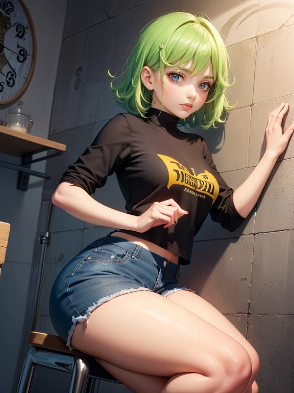 masterpiece, Best Quality, (Extremely detailed CG unity 8k wallpaper, masterpiece, Best Quality, ultra detailed, masterpiece, Best Quality, 1 girl, Alone, crop top, denim shorts, choker, (Graffiti:1.5), paint splash, frontal, against the wall, looking at the viewer, bracelet, thigh strap, body paint, nod, bored, multicolor fur, aquamarine eyes, headphones, Tatsumaki,