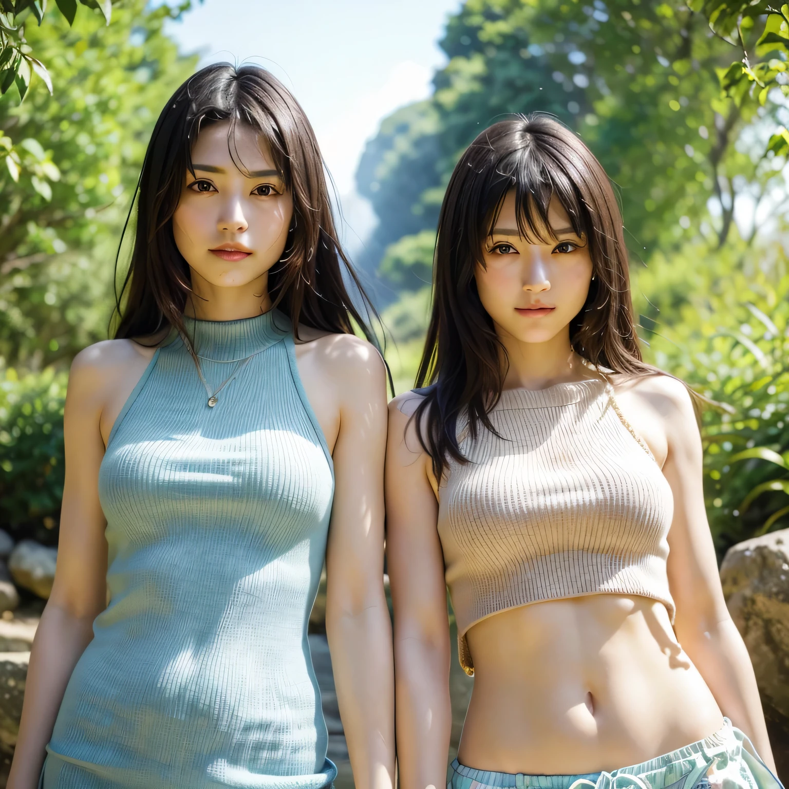 identical twin sisters、(highest quality, High resolution, masterpiece, realistic:1.2),(HDR, Bright colors),2 girls, Japanese, not wearing anything, big , slender and slender body, beautiful face, detailed facial features, pose for a photo,outdoor, professional dynamic lighting, (close:1.3, seen from below), detailed expression, natural pose, green background with fog, cool tone, cozy atmosphere, photon mapping