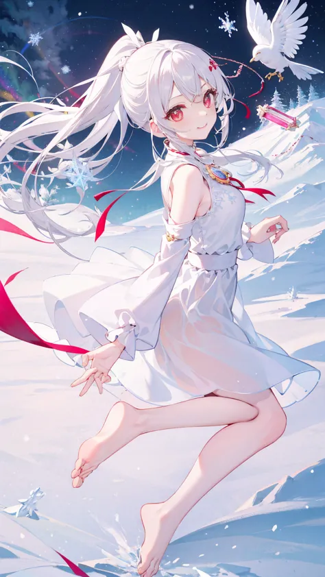 1 girl、White Hair、Red eyes、ponytail、smile、White Lolita、barefoot、White ribbon、pendulum、gem、gemのネックレス、White Feather、snow、ice、winte...