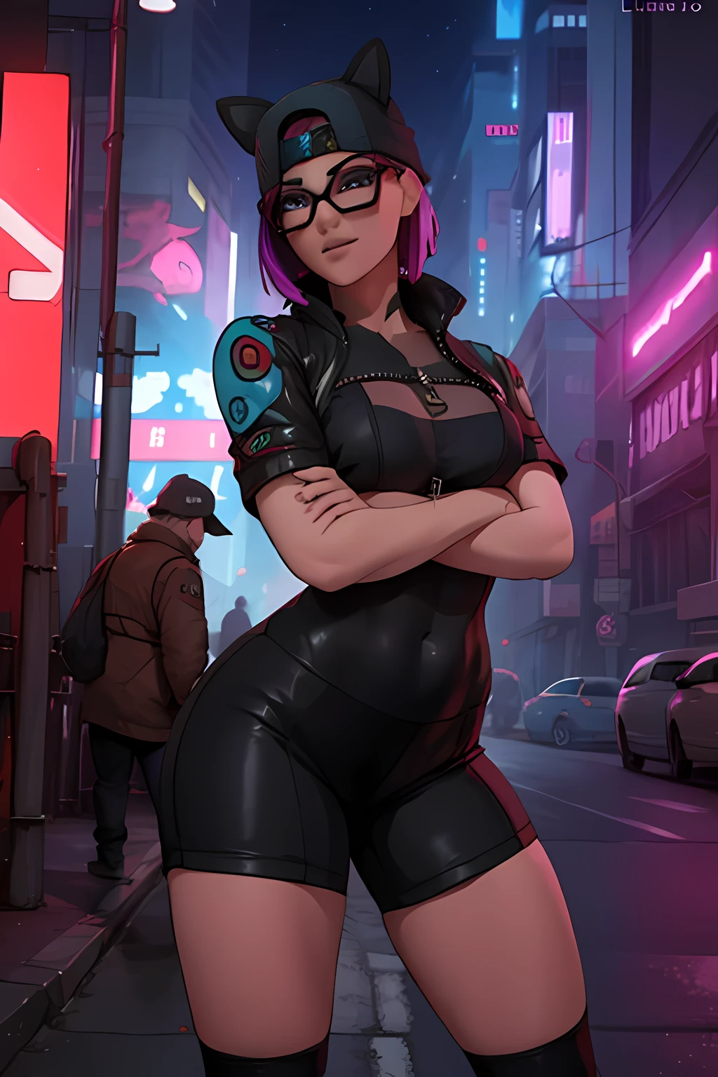Cyberpunk Linen Suit, evening, spikes bracelet, cap , black shorts with dark blue leggings , navy blue jacket ,extremely detailed, Detailed face, glasses ,beautiful face, fine eyes, looking at the viewer, feminine pose.