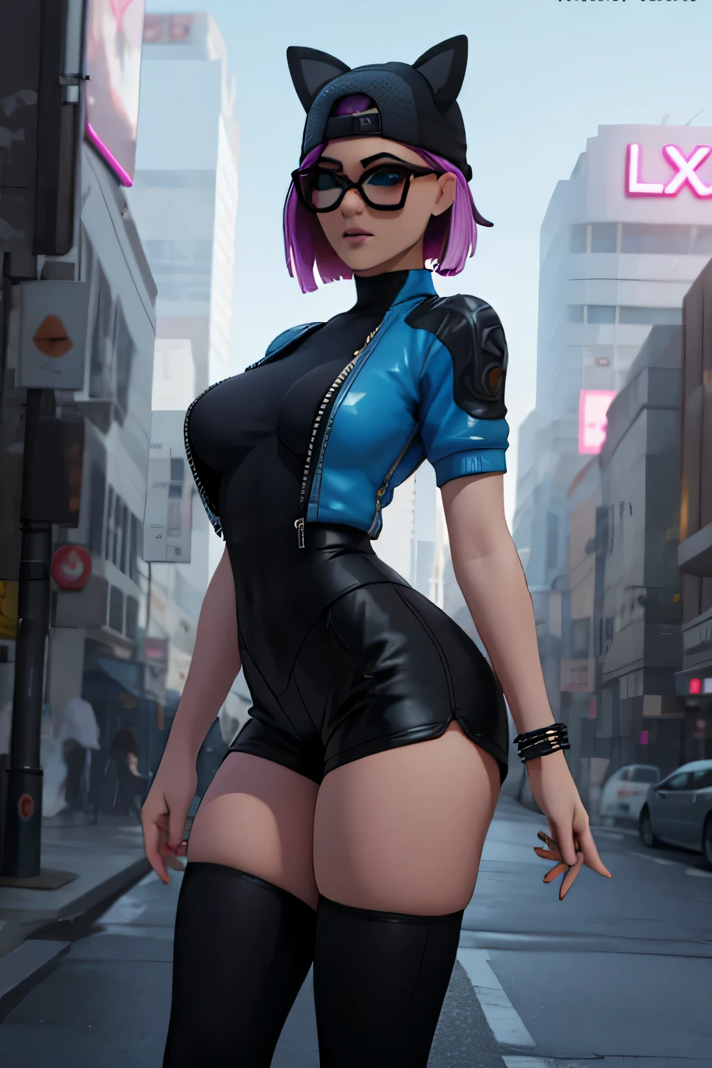 Traje de lino Cyberpunk, Noche, pulsera de picos, gorra , shorts negro con leggins Azul oscuro , chaqueta azul marino ,Extremadamente detallado, rostro detallado, gafas ,hermoso rostro, ojos finos, mirando al espectador, pose femenino.