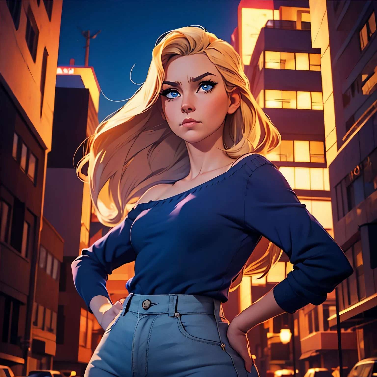 estilo dramático de cómic,  Realista. una mujer rubia, blue eyes, mejillas cachetonas, cara completa. pelo liso de longitud media sobre un hombro. ella lleva una camisa azul oscuro con ribete dorado, pantalones de campana color vino. ella está de espaldas erguidas, manos en la cintura. una expresión severa en su rostro. Fondo de la ciudad. enfatiza su cabello recogido sobre un hombro, dejando el otro hombro desnudo. enfatiza que ella es adulta, (((senos pequeños )))