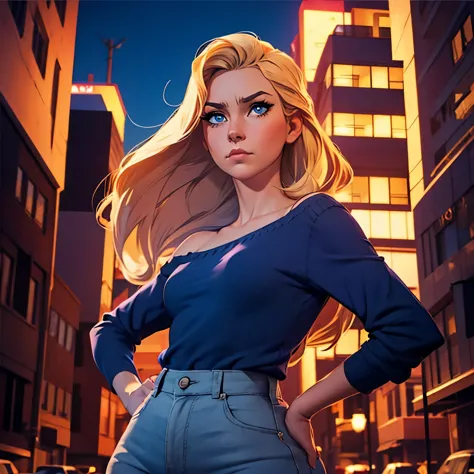 dramatic comic-book style,  realistic. a  blonde woman, blue eyes, chubby cheeks, full face. medium length straight hair over on...