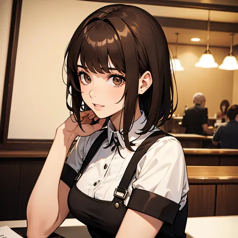 A 27-year-old Italian girl with short brown hair with bangs on the left side of her face and who works as a waitress.  