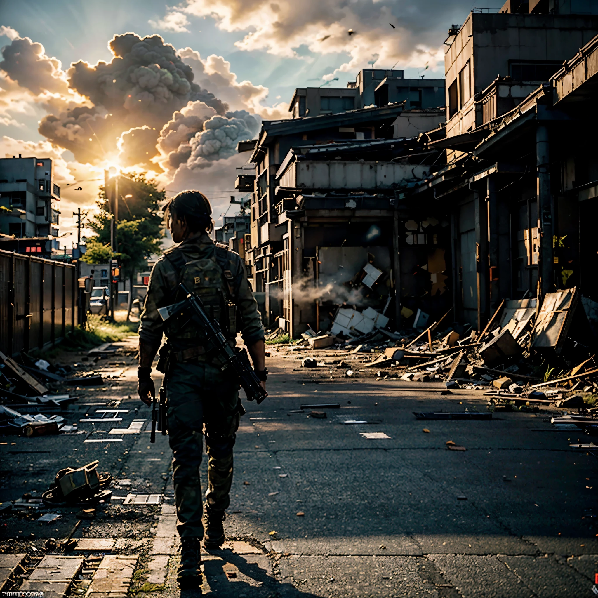 GROUND LEVEL VIEW, ULTRA-HYPER REALIST, A JAPANESE SOLDIER, 30 YEARS OLD, with a machine gun, WALK POSE, SUN RISE, STANDS ON STREET OF THE POST-APOCALYPSE RUINED AND DESTROYED TOKYO CITY, HOSTILE ENVIRONMENT, IMPACTFUL VISUAL DESTRUCTION, STYLE THE LAST OF US, outdoor PHOTO, CINEMATIC LIGHTS, GOLDEN HOUR, FANTASY, UNREAL ENGINE 5, ray tracing, award winning photo, MASTERPIECE photograpy, trending on artstation, HDR, UHD, 8K, BY NAUGHTY DOG.