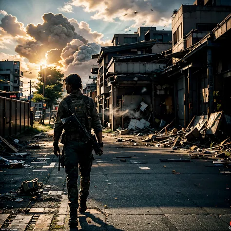 GROUND LEVEL VIEW, ULTRA-HYPER REALIST, A JAPANESE SOLDIER, 30 YEARS OLD, with a machine gun, WALK POSE, SUN RISE, STANDS ON STR...