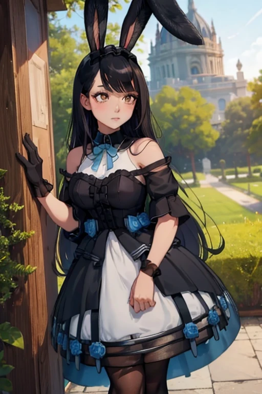 A black haired woman with brown eyes with an hourglass figure with black bunny ears in a cute lolita is leaning against a tree