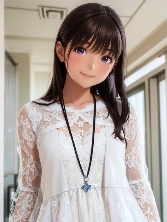 High resolution,In 8K,highest quality,detailed,Semi-realistic anime,Anime 3D Style,Smooth anime CG,One Girl,19-year-old woman in Japan,slim,Modeled,Shiny brown hair,Medium Hair,detailedな顔,Beautiful and detailed,Glowing Skin,White lace dress,straggling hair,Angelic hairstyle,Small breasts,((Looking at the camera)),((Mouth closed)),((Smile)),Deep violet sparkling eyes