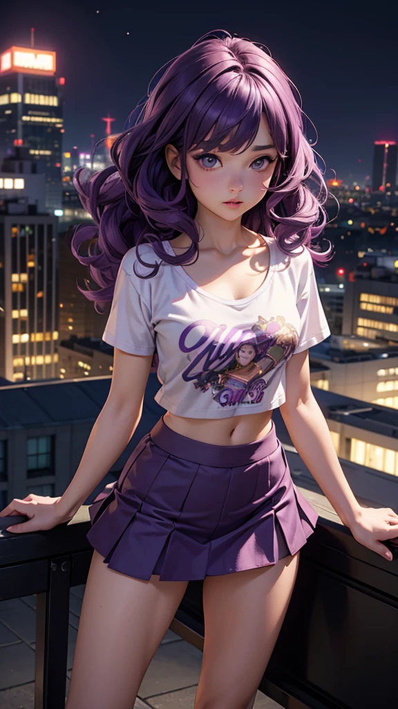 (masterpiece), (best quality), (detailed), light layer, 1solo girl, young girl, perfect body, purple hair in curls, defined large chest, small waist,defined collarbone, ultra realistic, photorealistic, detailed, ,Enhance, wearing an anime shirt and mini skirt, standing on the rooftop, nightime