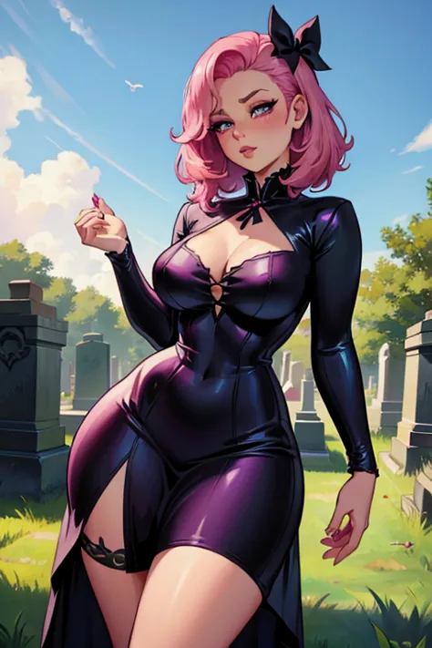 A pink haired woman with violet eyes in an hourglass figure in a Gothic rockabilly dress is blushing in the cemetery
